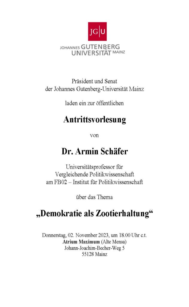 Armin Schäfer Antrittsvorlesung Alte Mensa 2. November 2023